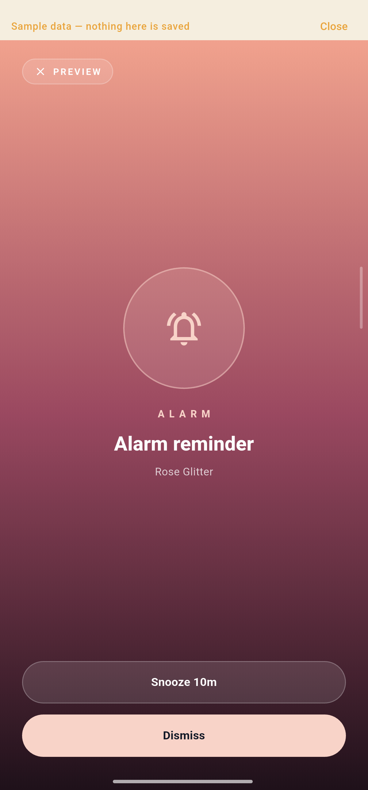 Rose Glitter full-screen alarm preview in Trakven