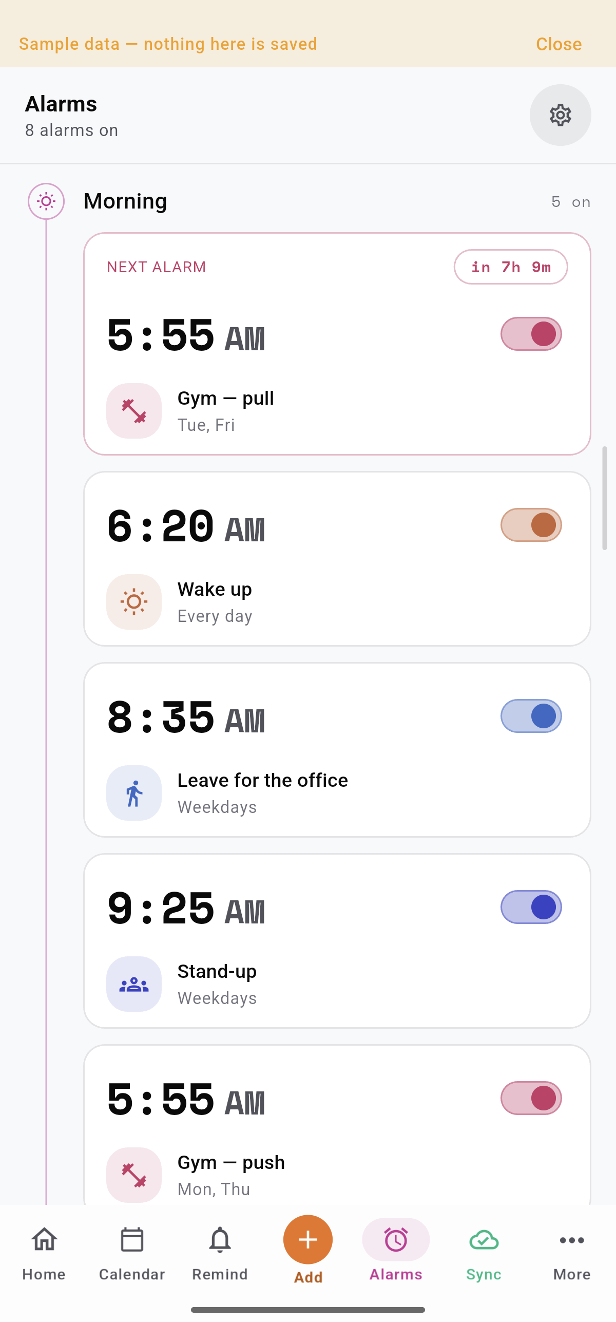 Current Trakven alarm list with sample alarms and a next-alarm countdown