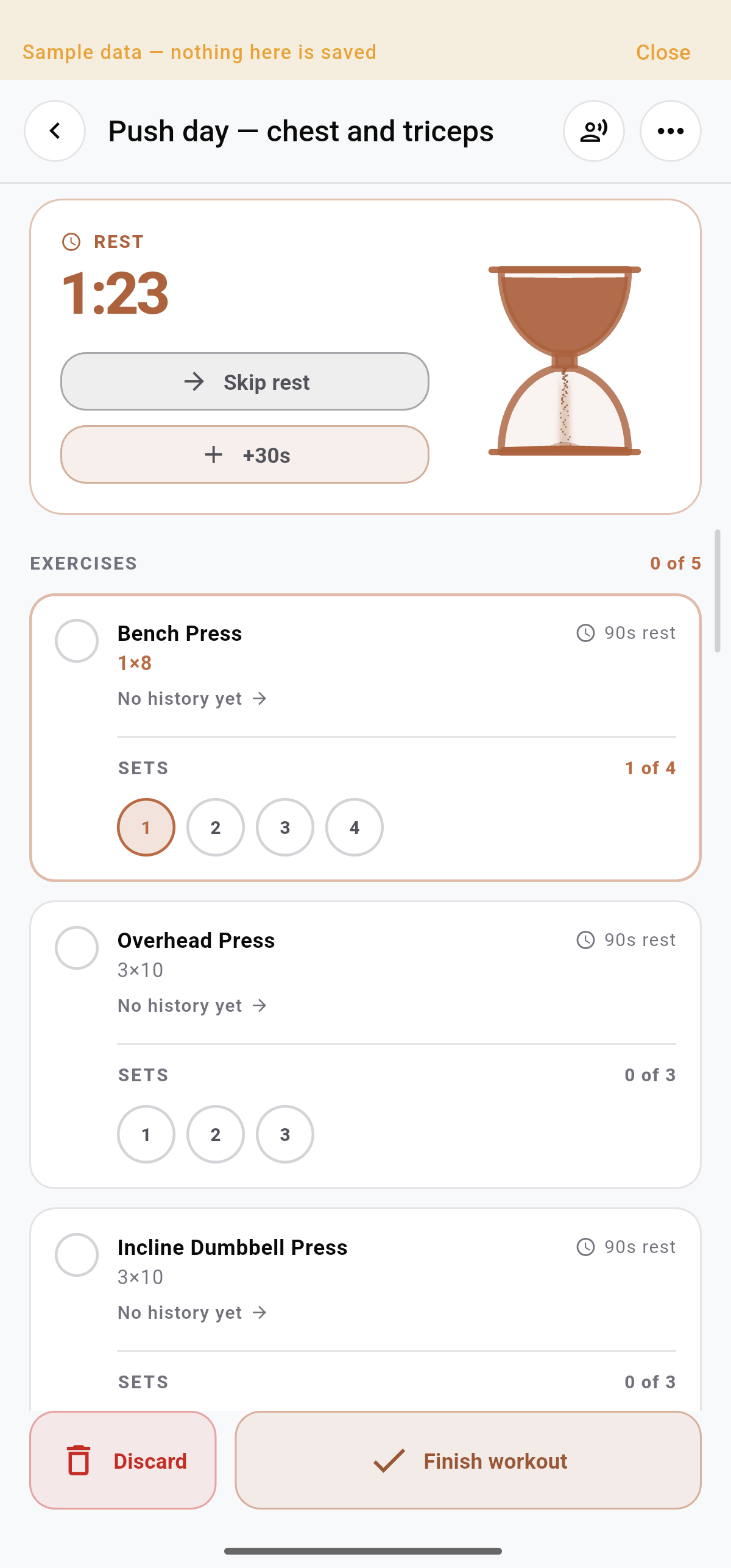 A live Push Day workout with exercises and set progress.