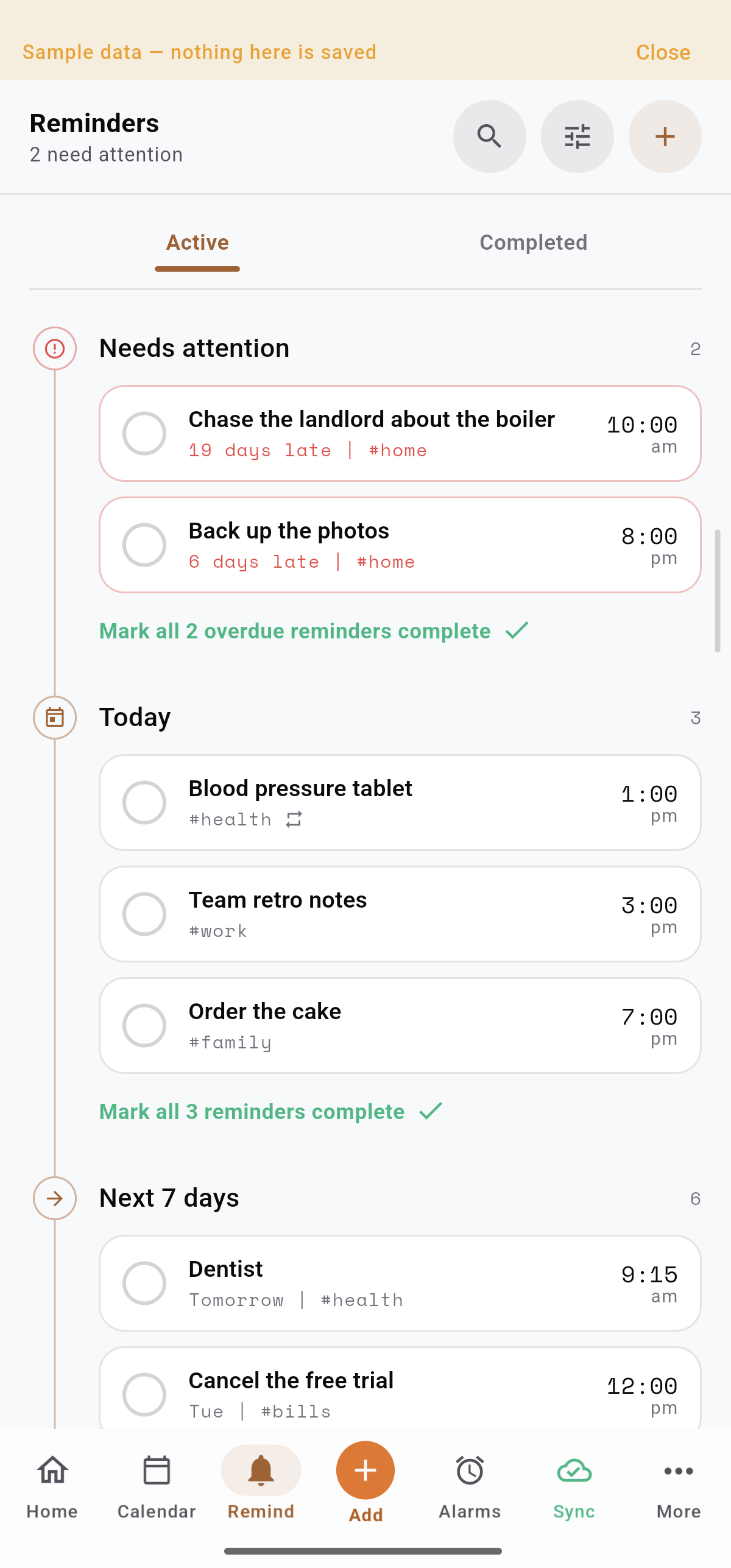 Current Trakven reminders screen with sample data