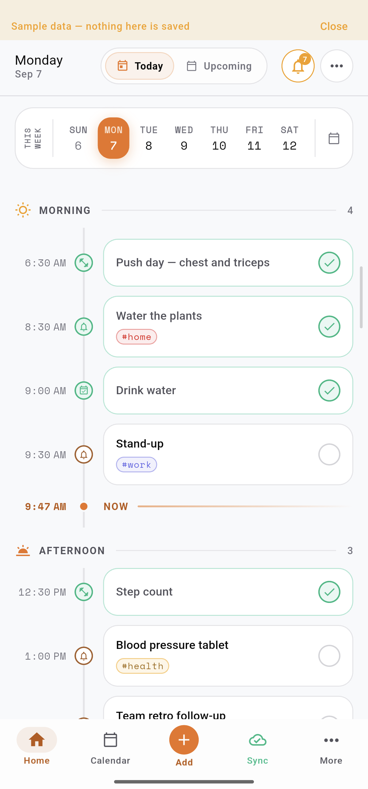 Current Trakven Today timeline with demo reminders and routines