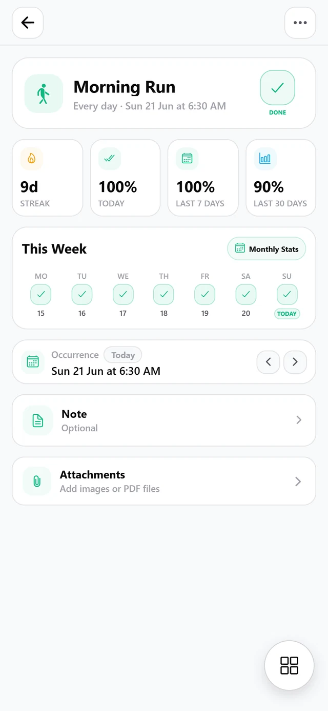 Trakven habit detail with streak and weekly progress
