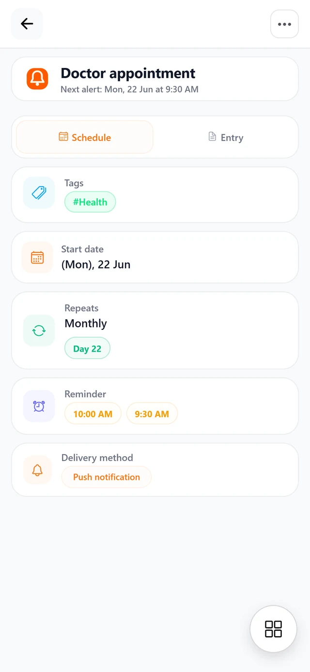 Trakven reminder detail with repeat rules and alerts