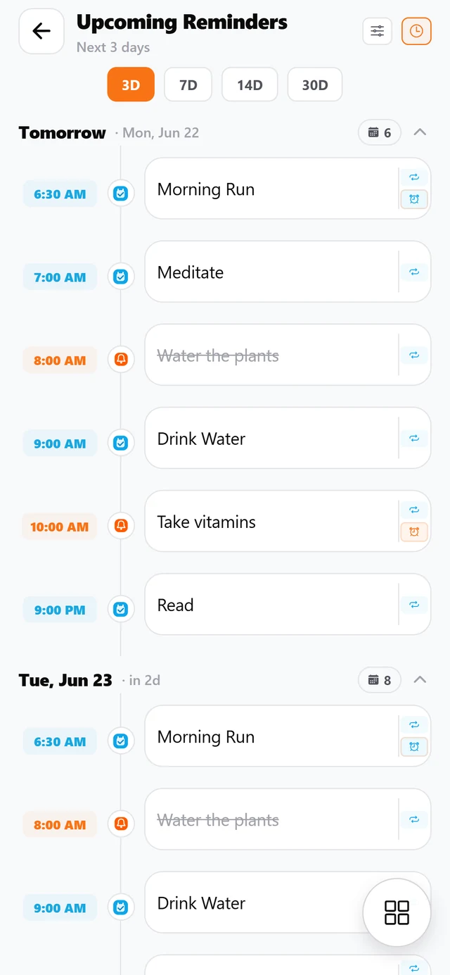 Upcoming reminders